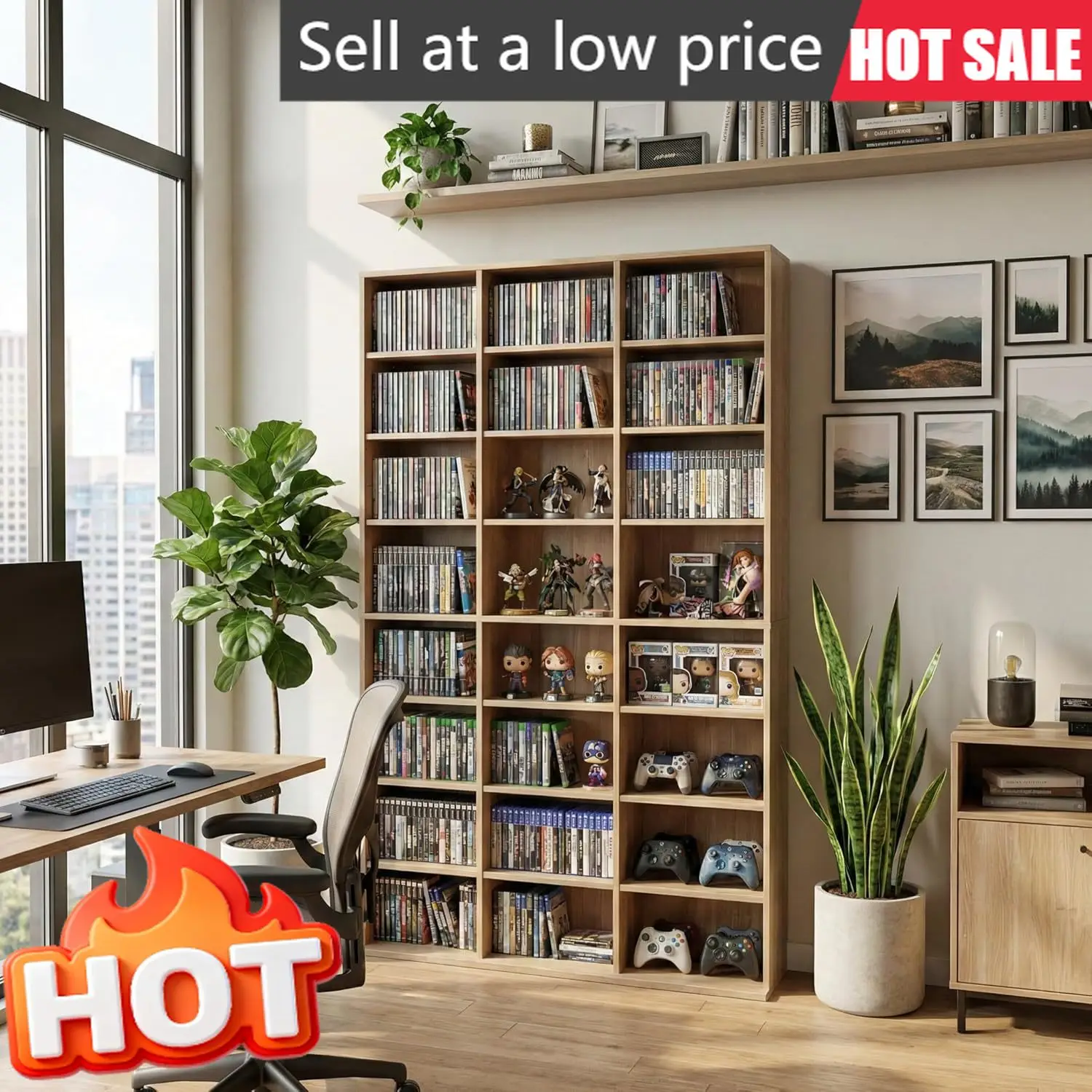 Tall Wooden Media Storage Cabinet 8 Tier Freestanding CD DVD Rack Organizer Display Shelf Tower For Video Games Movies Books Col