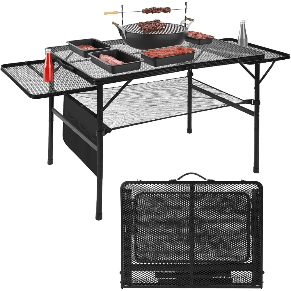 

Folding Grill Table, 3x2 FT Portable Camping Table with 2 Wing Panels, Height Adjustable Metal Table Mesh Desktop and Mesh Bag