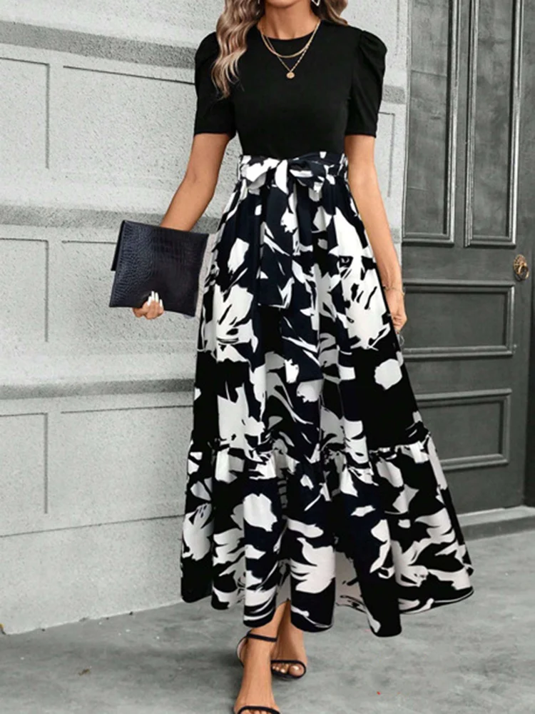 Y2K Blumenprint-Kleid mit Hoher Taille Elegante Mode für Frauen Amerikanischer und Europäischer Stil