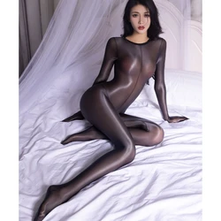 Women Sexy Jumpsuit Oil Shiny Transparent Temptation Pantyhose Open Crotch Sexy Tight Body Stockings Ultra-Thin Night Club Wear