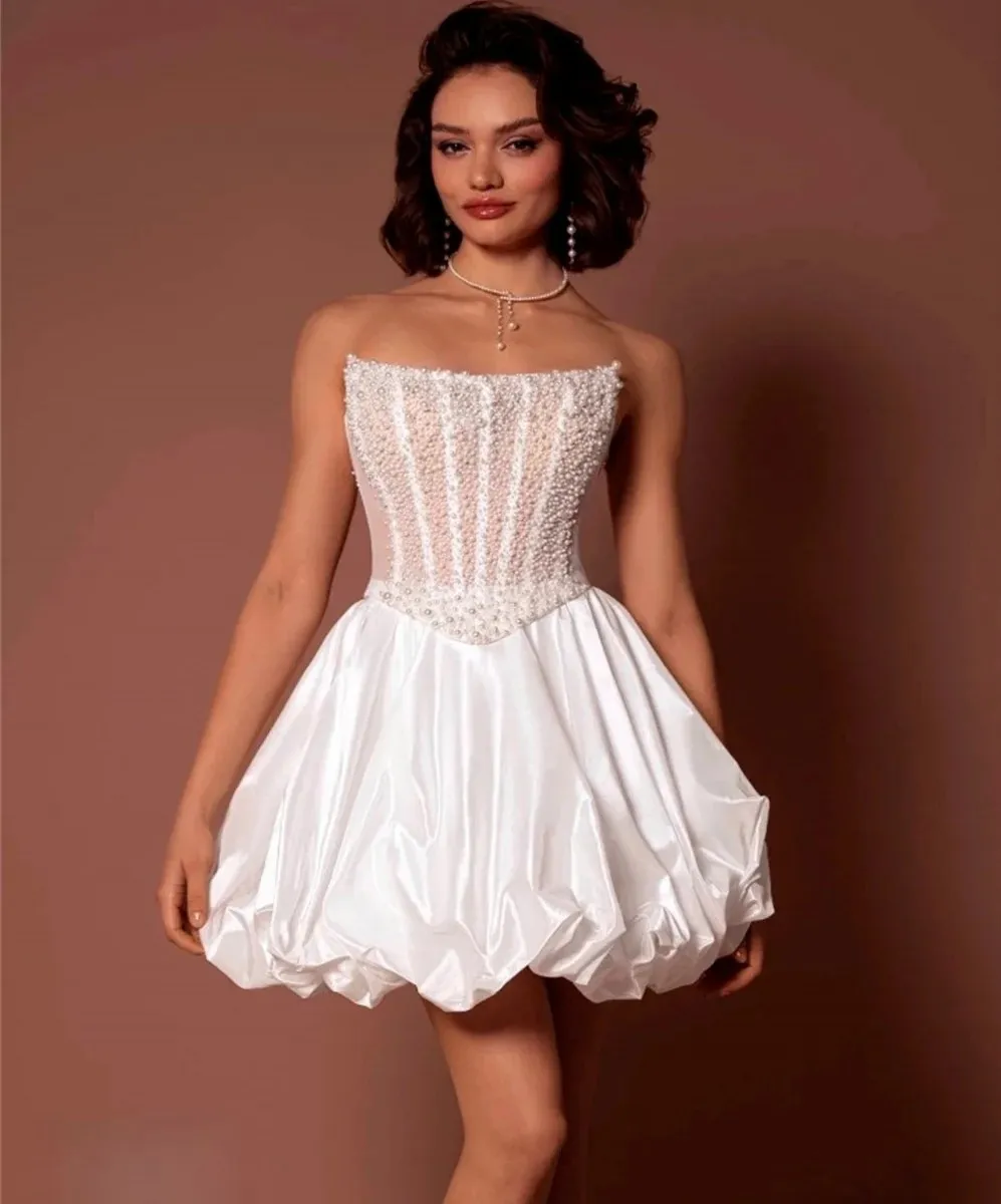

Elegant Short Wedding Dress Strapless Beads Pearls Taffeta Mini Princess Bridal Party Gowns Beach Robe De Mariage