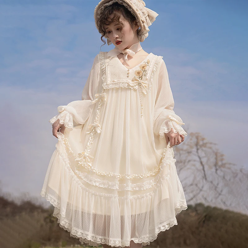 Originele Zonnebloem Borduren Lolita Dagelijks OP Uitlopende Mouw Jurk Lente Herfst Lange Mouw Sheer Mesh A-lijn Jurk Lolita Jurk