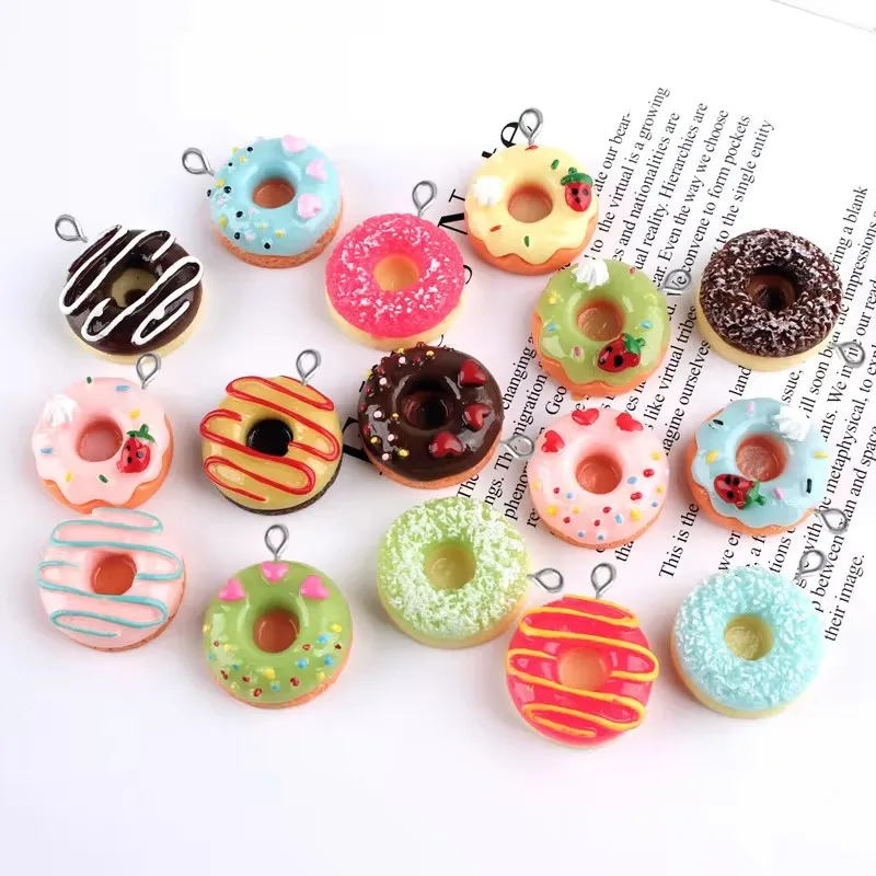 10pcs 24Mm Mix Resin Cabochon Strawberry Doughnut Donut Charm Pendant Miniature Jewelry Making Material Creative Diy Accessories