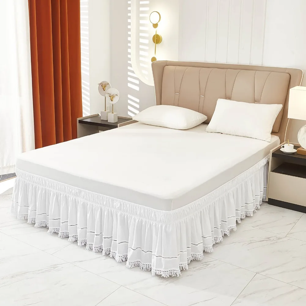 

Practical Elastic White Fringed Bed Skirt Ruffled Dust-proof Under-bed Covering Skirt Stretchable Romantic Bed Cover Hotel
