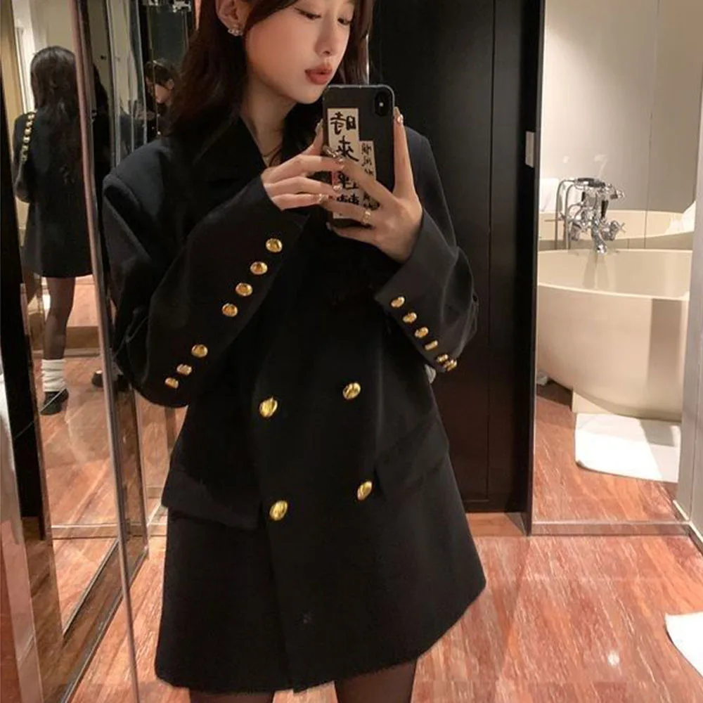 Autumn New Women's Blazers Black Double Breasted Long Sleeve Suit Jacket Casual Commuter Down Lininer Loose Coat Temperament Top