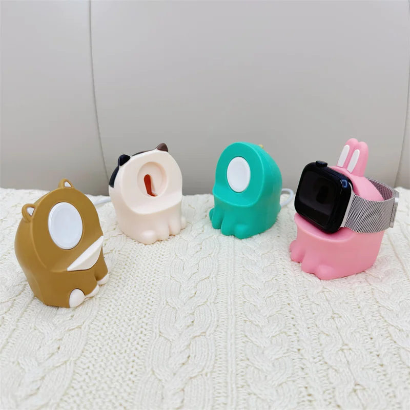 Kawaii Silicone Charger Stand For Apple Iwatch Serie 10 8 9 7 SE 6 Cartoon Cute Pink Rabbit Cat Dinosaur Charging Desktop Holder