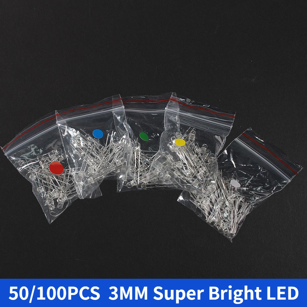 50/100PCS 3mm LED Diode Transparent LED Diodes Super Bright F3/3mm Blue Green Orange Red Yellow White Light Emitting Kit