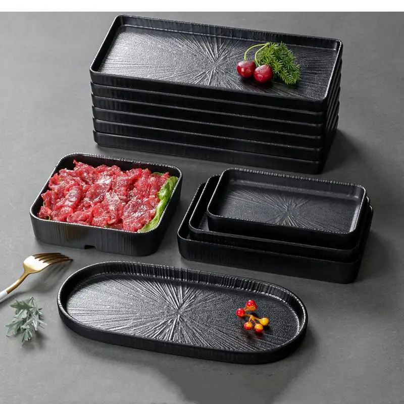 Black Striped Plastic Dinner Plate, Food Grade, Melamine Tableware, Handle Disc, Used for Outdoor Barbecue, Not Fragile