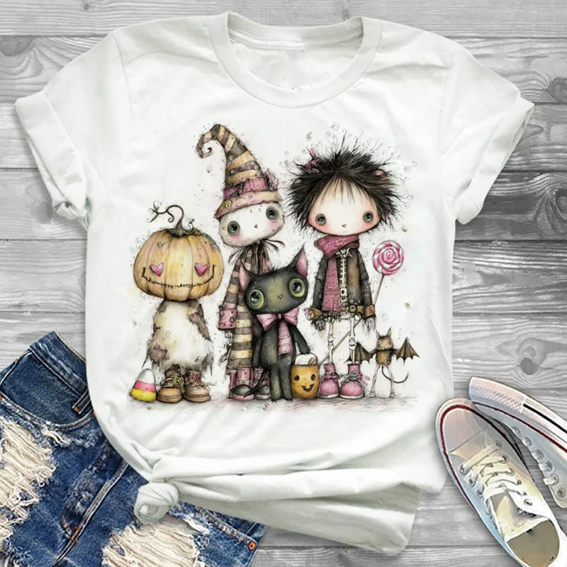 

Halloween Character Pumpkin Black Cat Pattern Printed T-Shirt Top, Women's Printed Street Style Cute Casual Trendy White T-Shirt