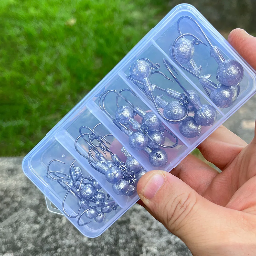 Limnoid Jig Head Hooks Kit, 30 Stück, scharfe Haken aus Kohlenstoffstahl mit Bleikugelkopf für das Angeln mit weichen Ködern im Salzwasser und Süßwasser – Detail 9