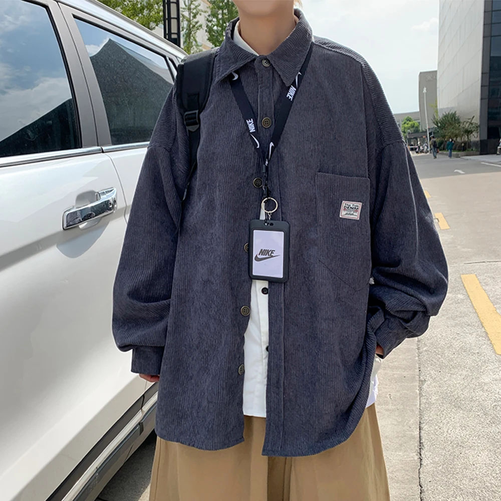 Corduroy Shirts For Men Long Sleeve Black Shirt Spring Summer Korean Streetwear Clothes Unisex Fashion Casual Oversize Shirt
