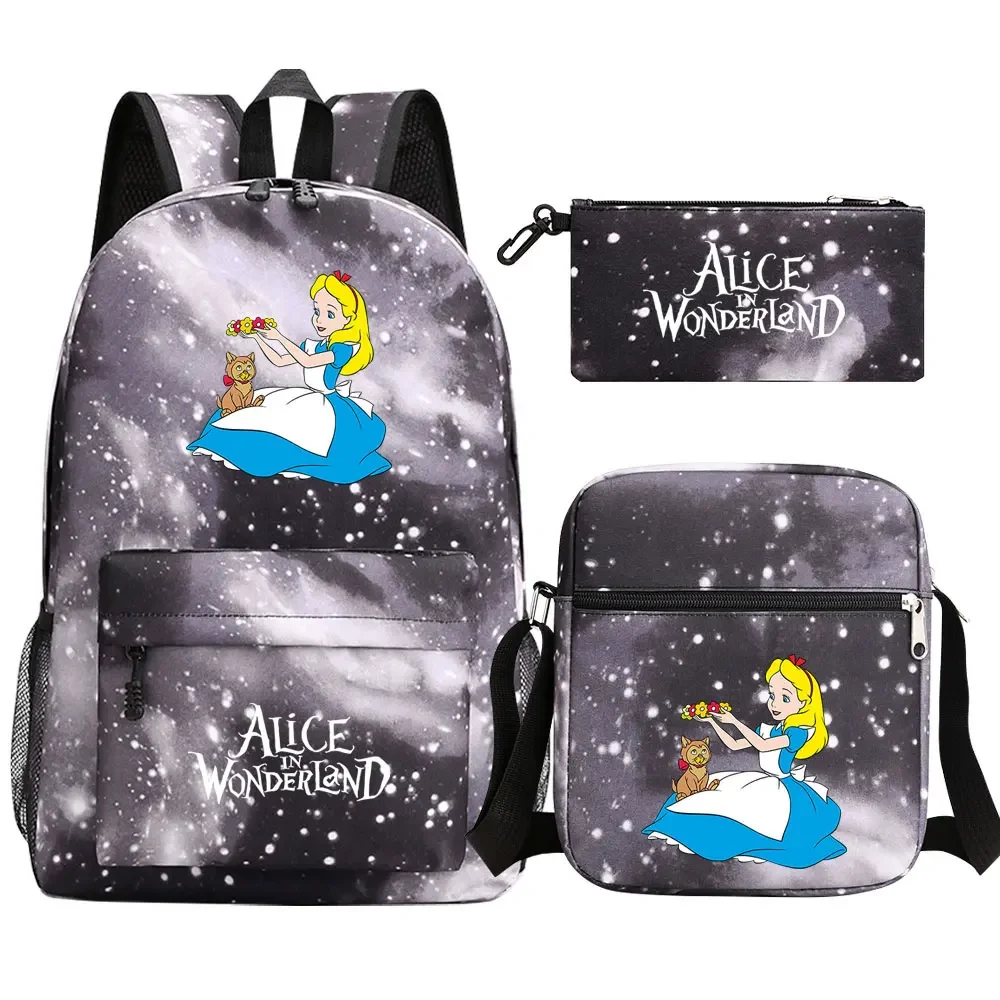 Kawaii Alice in Wonderland 3Pcs Boy Girl Kids School Book Bags Teenager Travel Backpack Shoulder Bag Pen Bag
