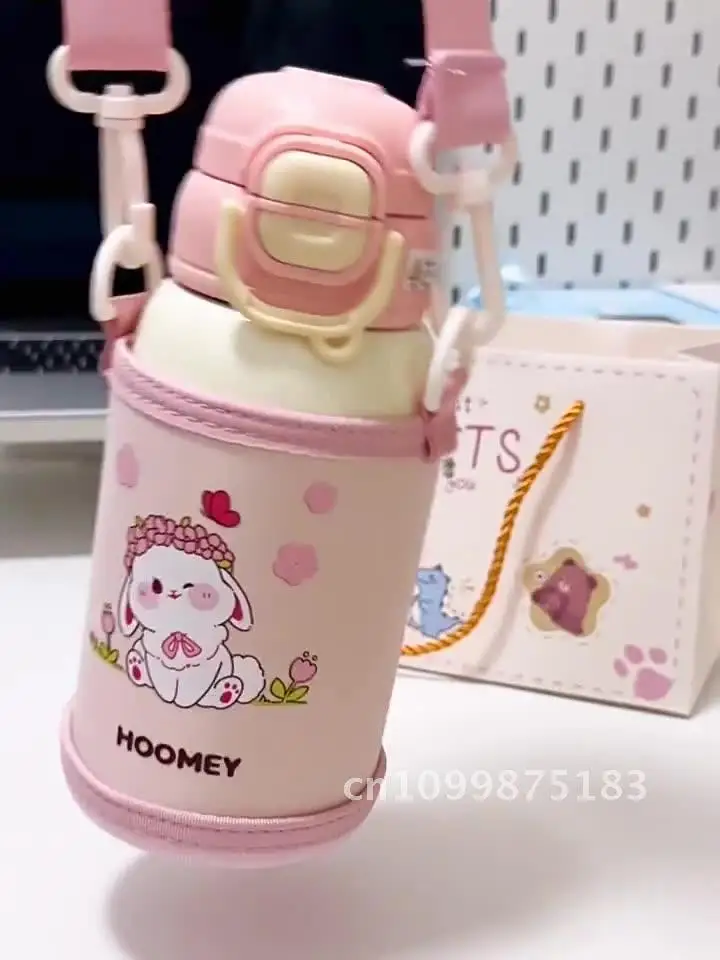 

Cartoon Straw Kettle 316 Stainless Steel Double Straw Water Bottle High Color Value Children's Thermos Cup with Locking Buckle