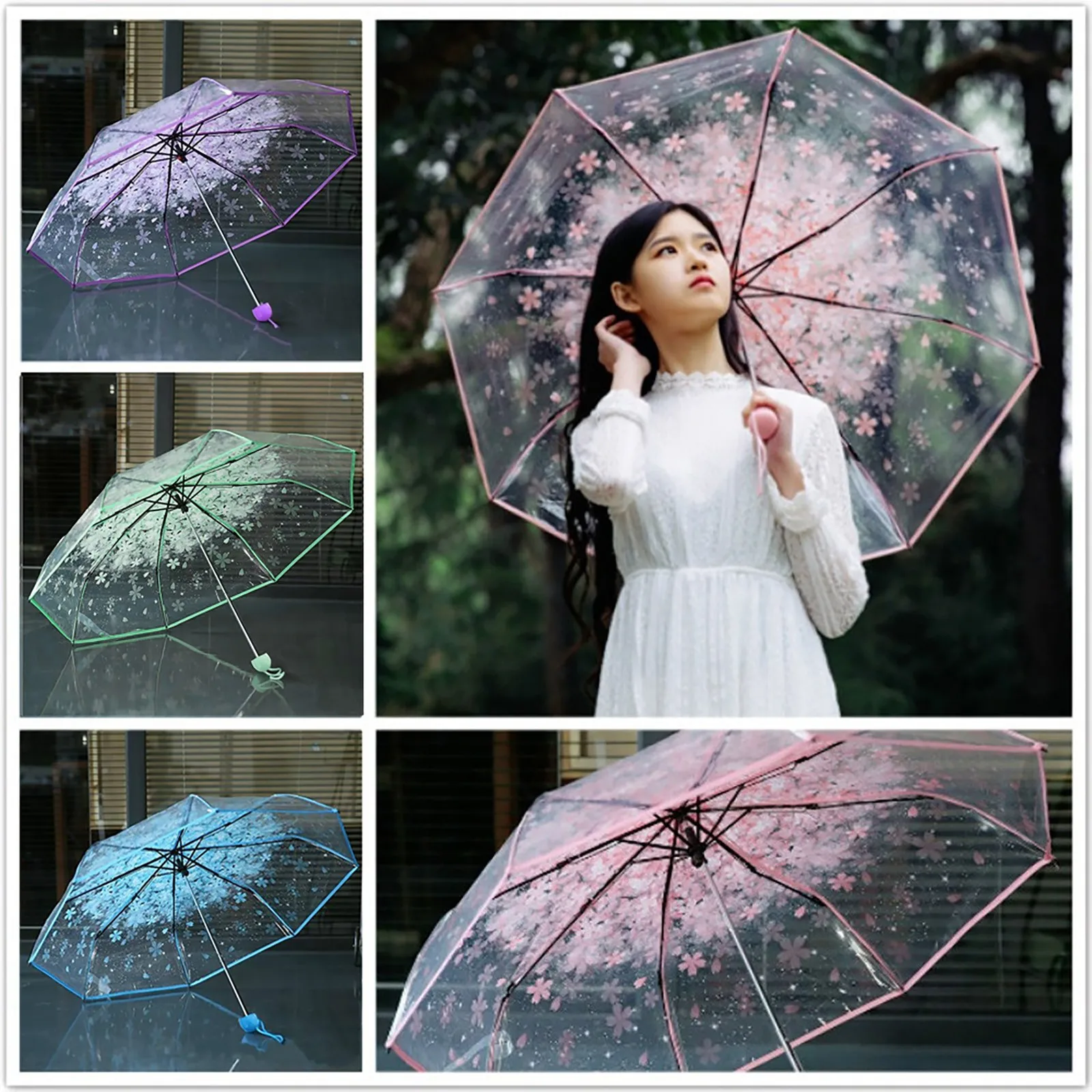 Transparent Clear Umbrella 3 Fold Umbrella Pink, Green, Blue, And Purple Flowers, Transparent And Sunny Umbrellas