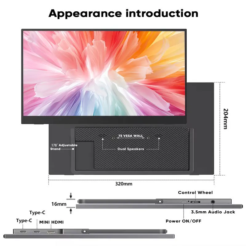 15.6 นิ้ว 10 จุดแบบพกพาจอแสดงผล 19:6 หน้าจอ 1920*1080P ultra HDMI ประเภท C สําหรับ PS4/5 สวิทช์โทรศัพท์ตาราง PC Pad
