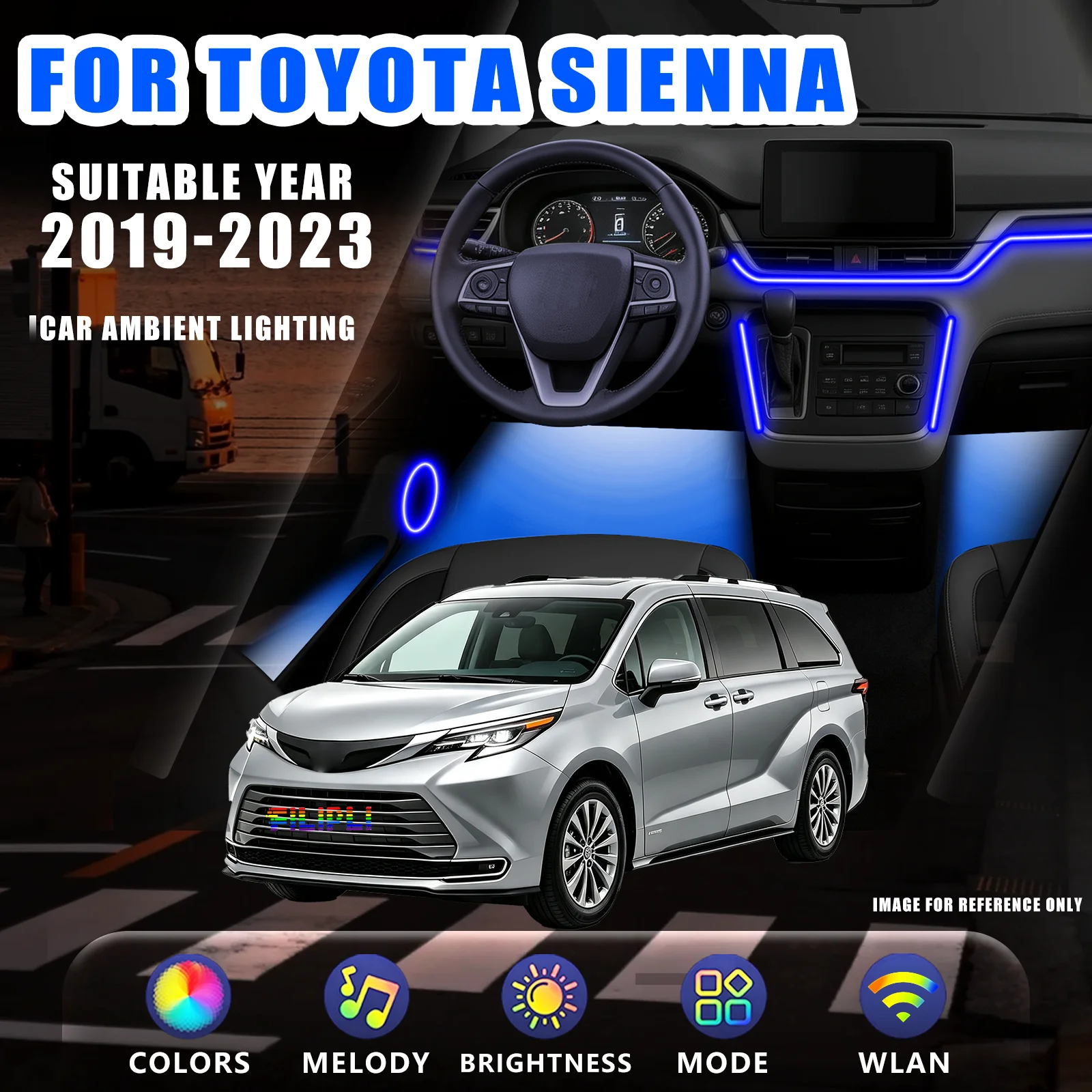 FOR TOYOTA Sienna 2019‑2023 YEAR RGB 6 Lights car ambient light kit independent zone dimming adjustment auto power off delay fade dedicated plug and play harness anti flicker stable lighting kit