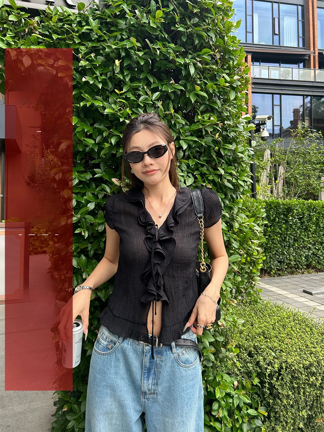 

D YANGJUN Design Sensation Wood ain Ruffle ort Sve Женская летняя универсальная футболка с V-образным вырезом, утягивающая, черная