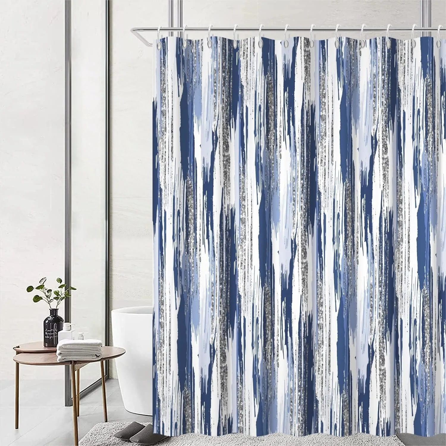 

Navy Blue Shower Curtain, Modern Abstract Ombre Set with Hooks, Waterproof Minimalist Bathroom Curtain 72x72