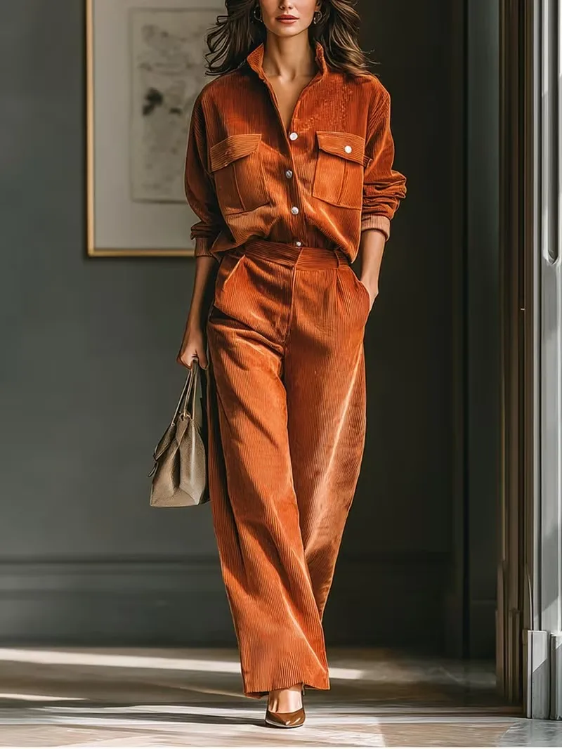 Damen Zweiteiler-Set in Unifarbe, Herbst Retro Mode Cordhemd mit Taschen und Weite Hose, Casual Business-Outfit