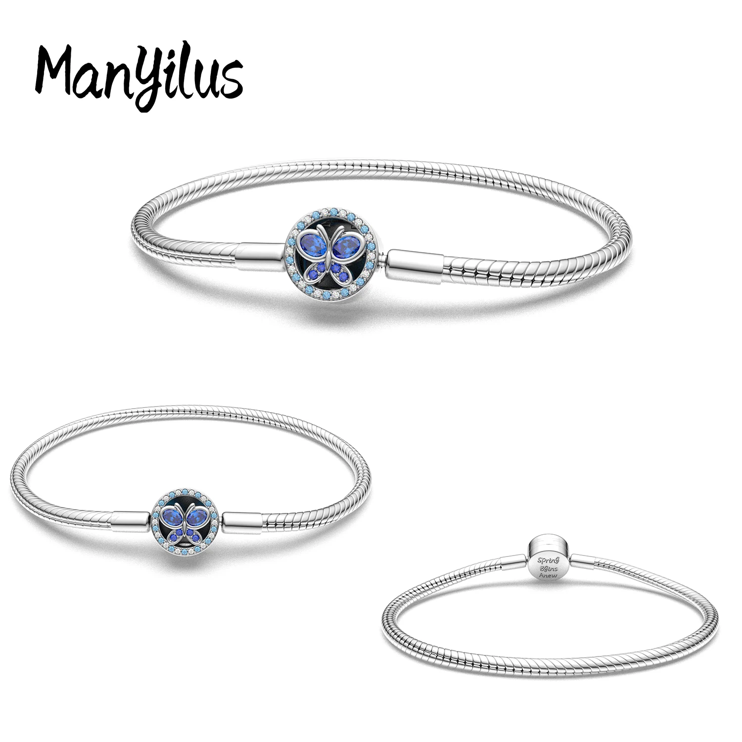 

Manyilus 925 Sterling Silver Blue Butterfly Snake Chain Bracelet for Original Charms Cubic Zirconia Paved Jewelry Gift