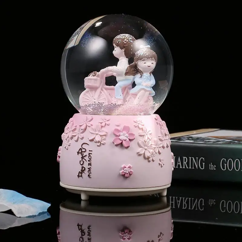 Glow Light Crystall Snow Globe Ball Music Box Couples Wife Girl Birthday Wedding Valentine\'s Day Gift Lovers Ornament