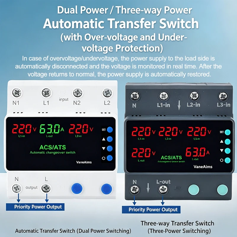 Digital Adjustable ATS 63A 100A 220V Automatic Transfer Switch Over Under Voltage Current Protector DIN Rail Mount Relay