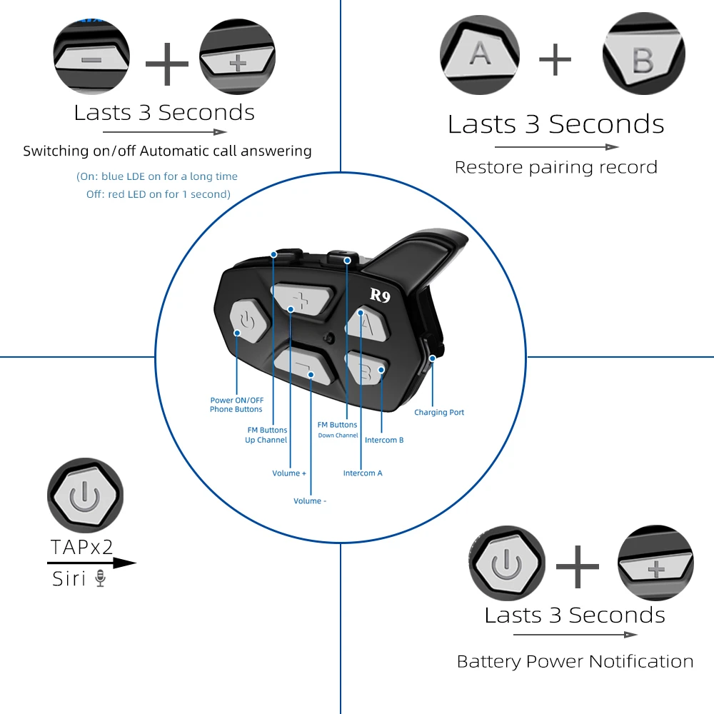 1500M Helm Motorfiets Bluetooth Intercom Headset Gebruikt Buiten Sport R9/Full Duplex Intercom/Waterdicht/Bellen/Gps