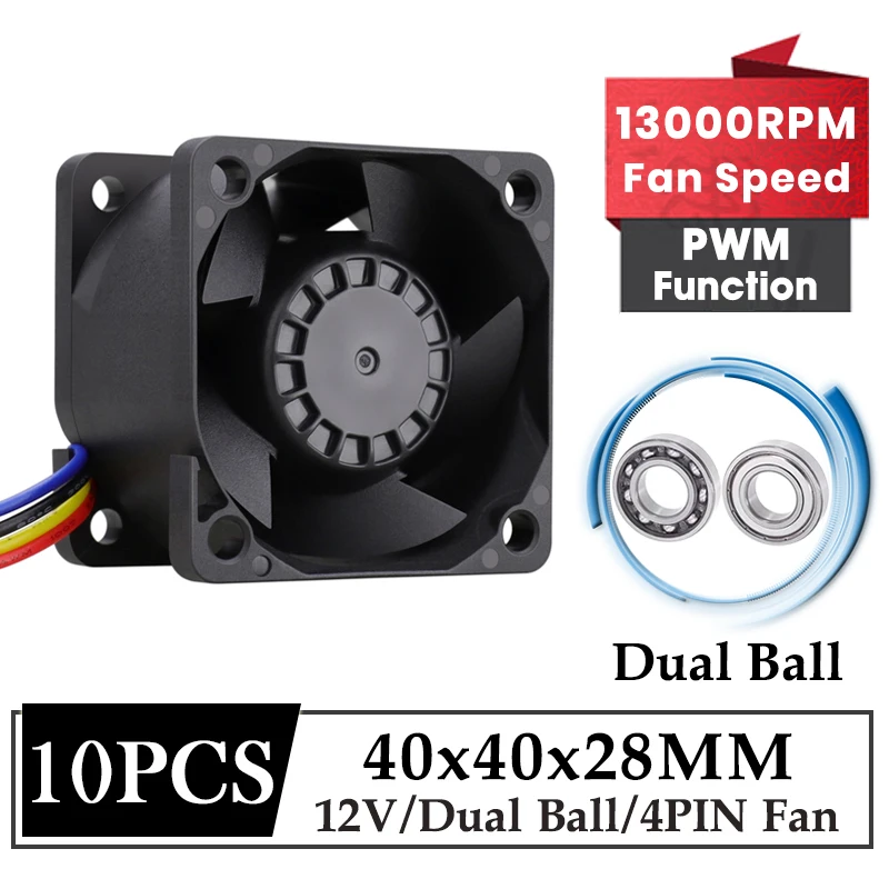 

10 Pcs GDSTIME DC 12V 40MM Dual Ball High Speed Server Cooling Fan 40x28MM Violent Booster Fan 4028 4PIN PWM For AVC Cooling