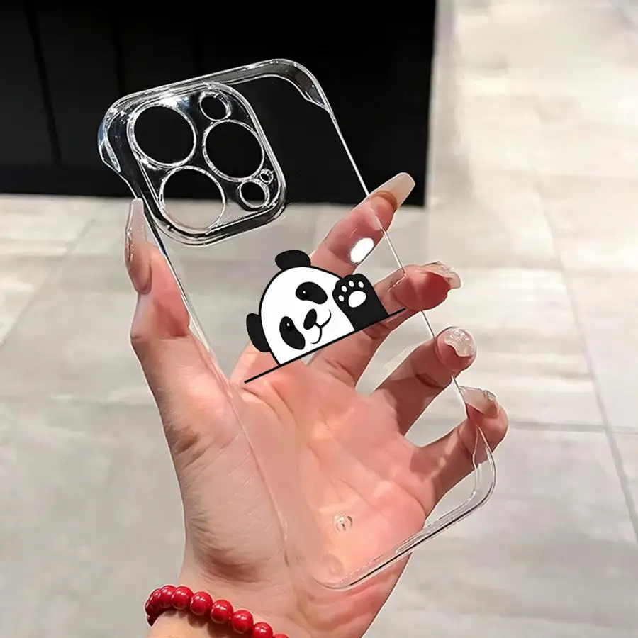 Lucky Panda Cute Phone Case for iPhone 16 13 14 15 Pro Max 11 12 Transparent Clear Hard Back Cover Coque funfa