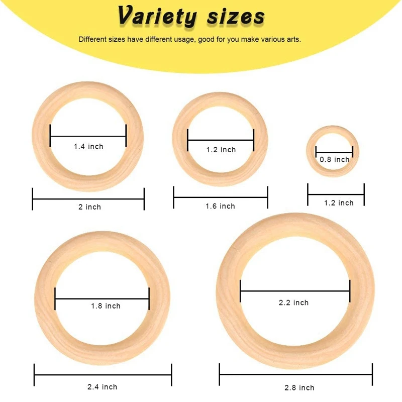 Anelli in legno massello non finiti per artigianato, creazione di gioielli con ciondoli e connettori, 5 dimensioni, 50 pezzi