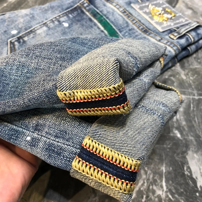 Calça jeans com tintura de tintura masculina, elástica, justa, com cores contrastantes, casual, personalidade, rua alta, primavera