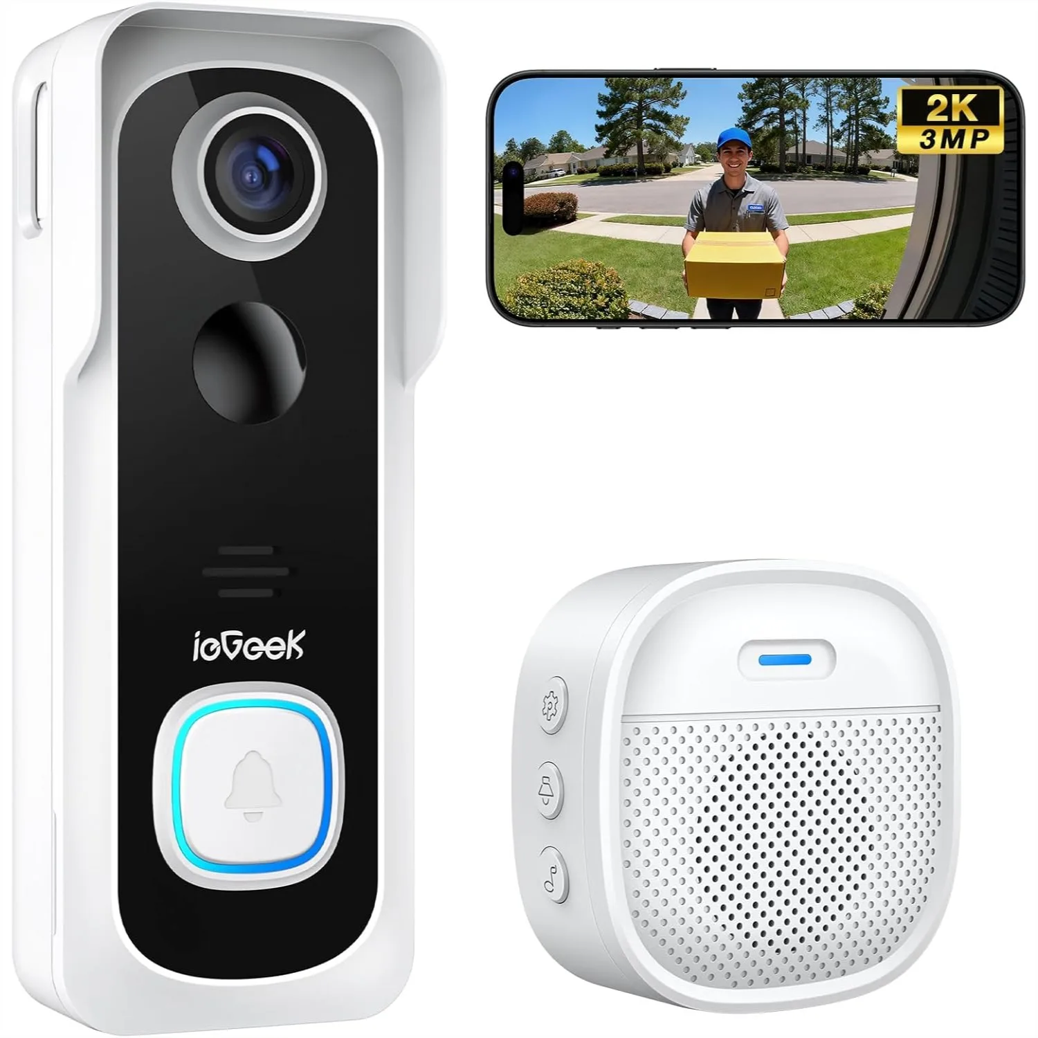

Wireless Doorbell Camera 2K 3MP HD, PIR Motion Detection, 2-Way Talk, No Subscription, Local & Cloud Storage, Works with Alexa