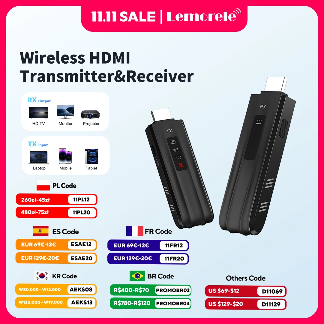 Lemorele 무선 HDMI 트랜시버 1080P 디스플레이 동글 익스텐더 키트 노트북 TV 프로젝터 모니터 용 50M 송신기 수신기