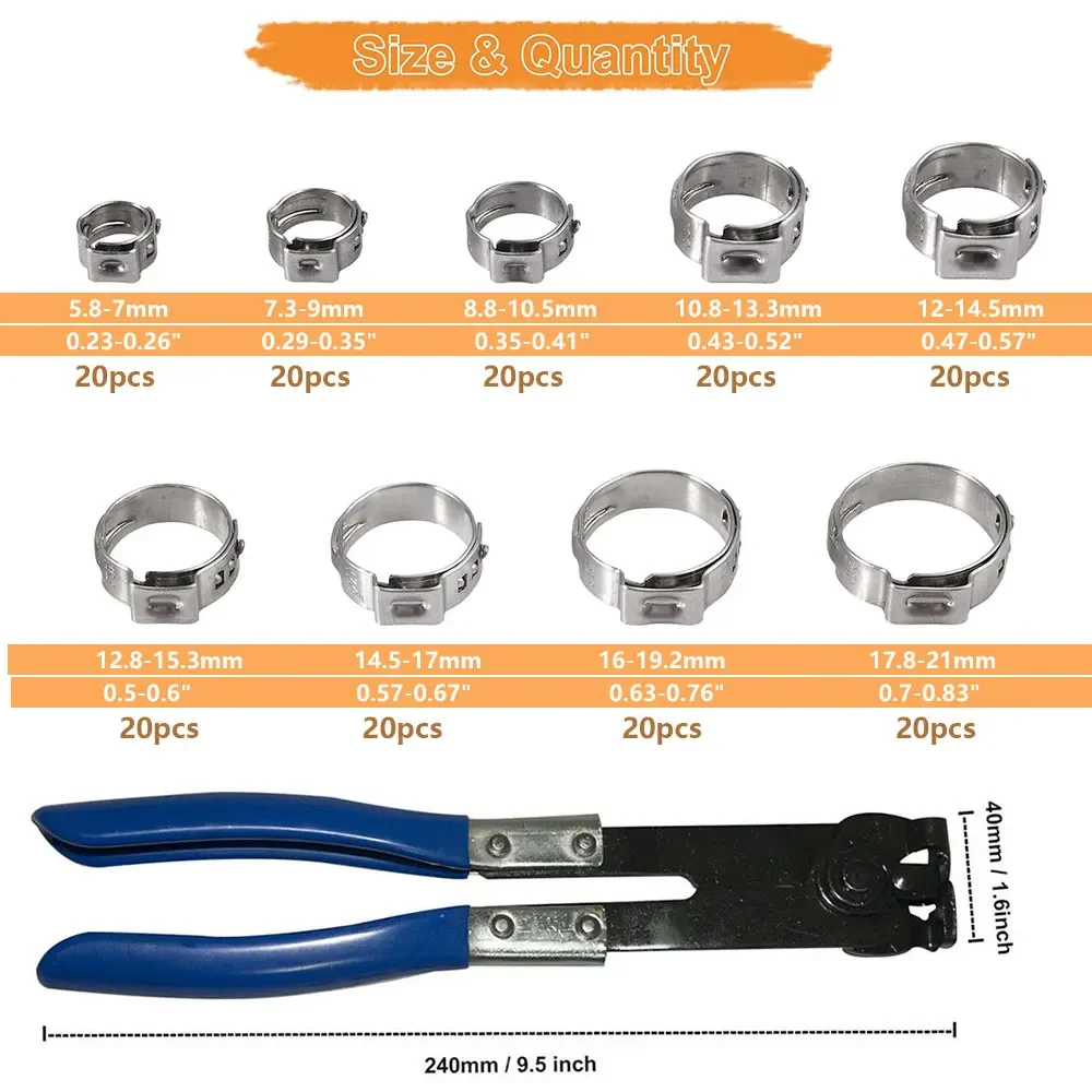 180PCS Single Ear Hose Clamps 304 Stainless Steel 5.8-21mm Crimp Hose Clamp with Ear Clamp Plier Pincer Crimper Fitting Tool Kit