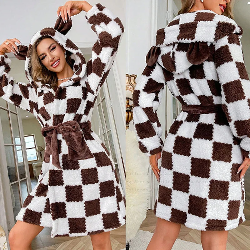 

Fashion Plaid Plush Robe Women's Fleece Hooded Robe Kimono Gown Sexy Sleepwear Autumn Winter Warm Bathrobe Intimate Lingerie