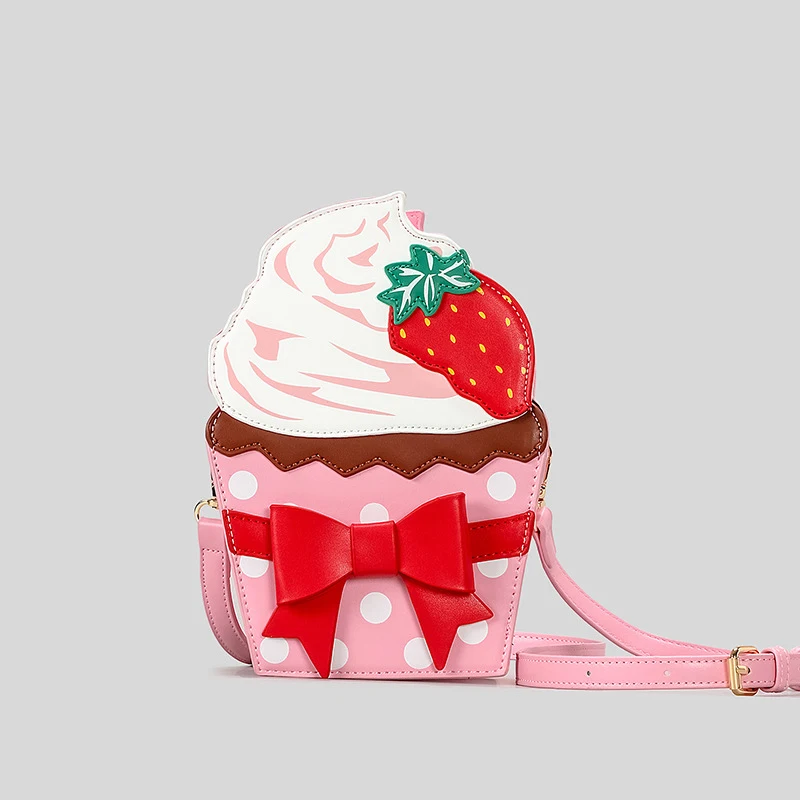 Cute Strawberry Cake Design Women Shoulder Bags Funny Sweet Bow Crossbody Bag Creative Pu Leather Messenger Bag Small Phonepurse