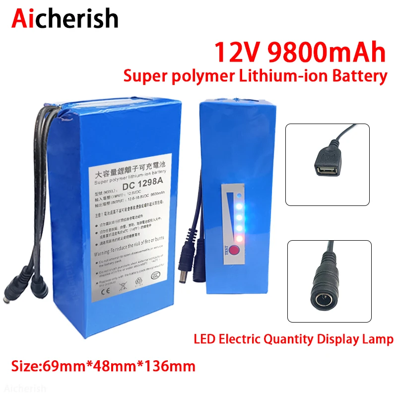 

DC+USB 12v 9800mAH Lithium-Ion Rechargeable Battery, Using LED Lamp, Monitor, Bluetooth Device And MP3 Player Power Supply.