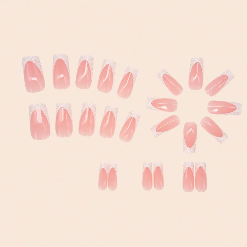 24 pçs de comprimento médio ballet unhas falsas branco francês glitter acrílico imprensa em unhas moda meninas unhas femininas para belas colagem