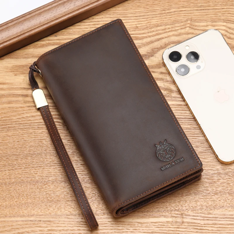 سكلاتوم-جلد طبيعي محفظة حصان مجنون للرجال ، حامل بطاقة عمل طويل متعدد الوظائف ، محفظة نسائية ، أزياء العلامة التجارية
