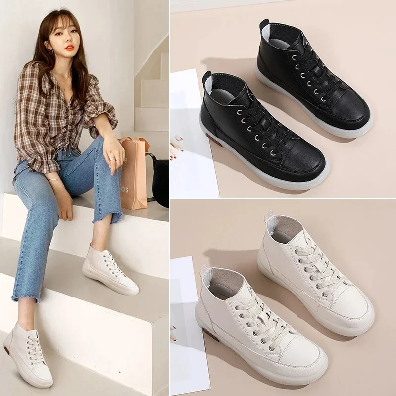 Autumn New Leather White Women Shoes Flat Soft Sole Comfortable Casual High Top Shoes for Women Sneakers Zapatos De Mujer