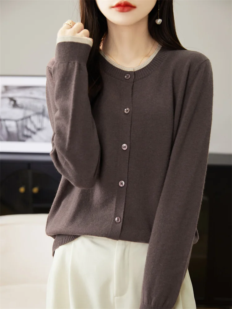 ADDONEE Women O-neck Cardigan Long Sleeve Cashmere Sweater Autumn Winter 100% Merino Wool Knitwear Korean Popular Clothing Tops