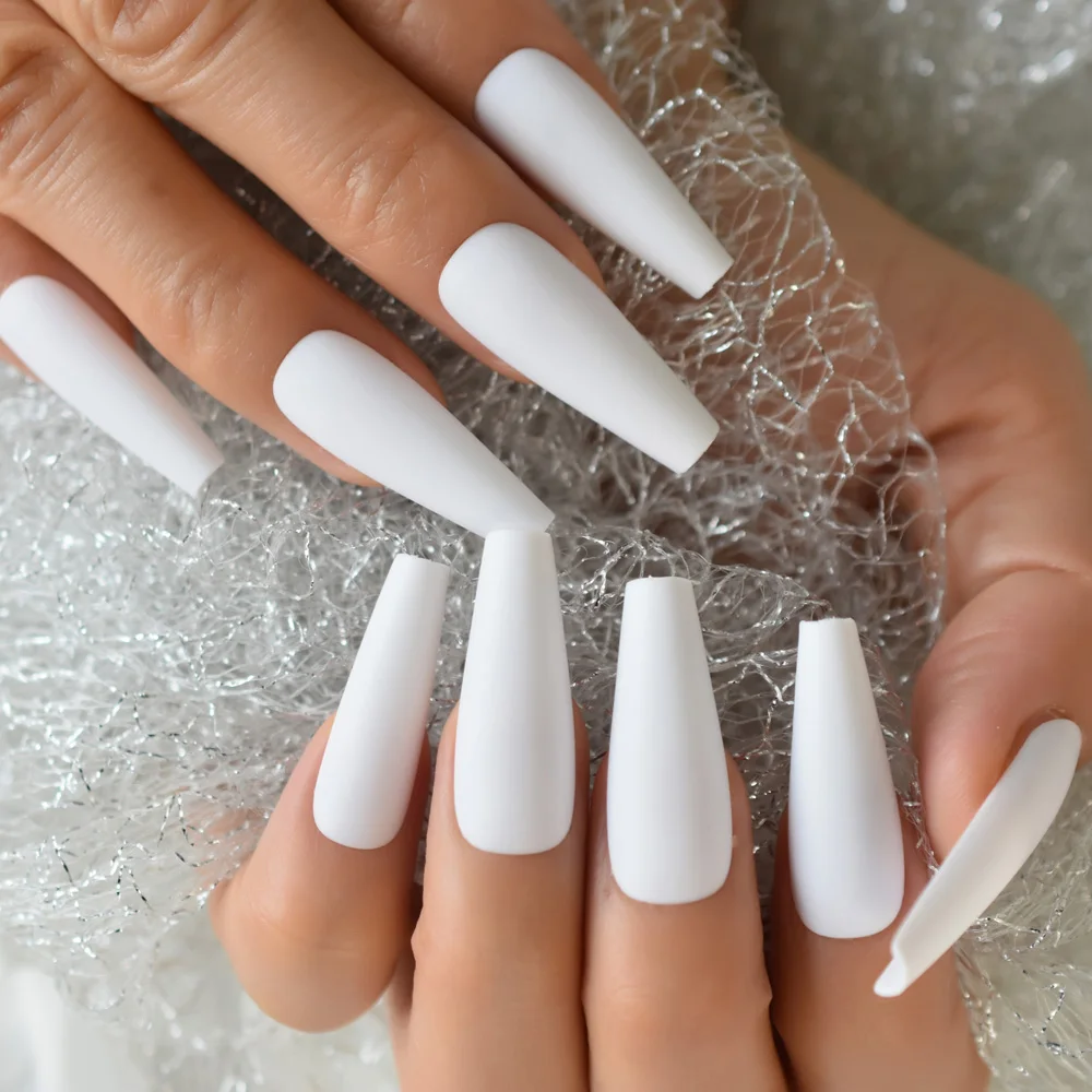 Super Long Fake Nails Coffin Matte White Press on Nails Ballerina Acrylic False Nails Tips Cosplay Party Salon Office Lady Girls