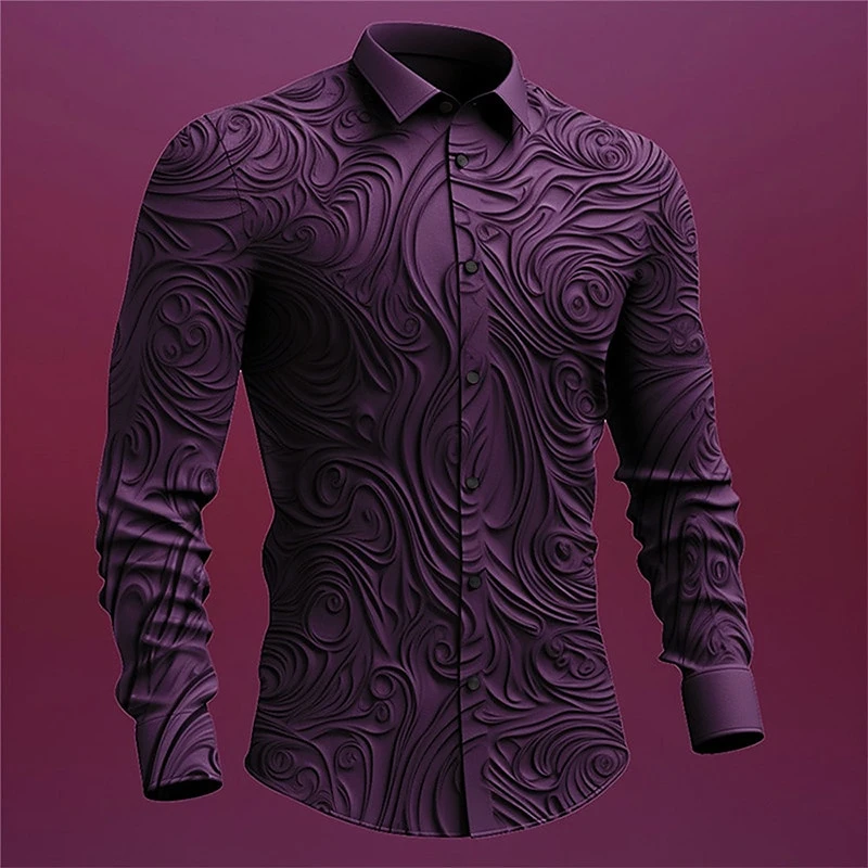 Fashion Relief Sculpture Graphic Shirts Trend Spring Autumn Mens 3D Printed Long Sleeve Shirt Loose Streetwear Lapel Blouse Tops