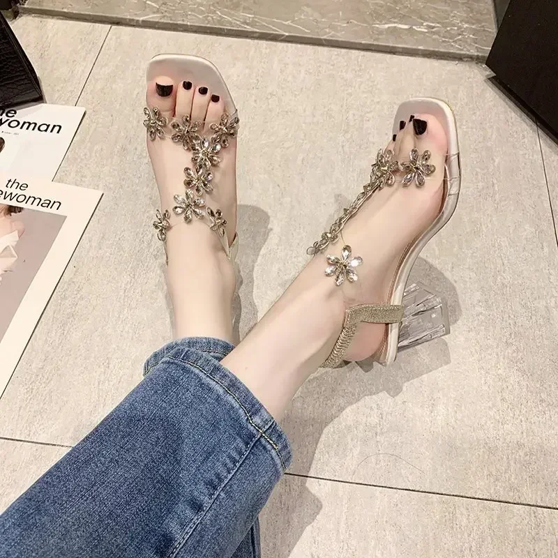 Shoes for Women 2024 Hot Sale Elastic Band Women Sandals Square Toe Solid Rhinestones Transparent Chunky Heels Sandals Women