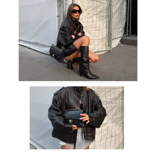 Imagen 2 del producto KONDALA chaquetas elegantes de cuero negro con botones y cremallera abrigos de gran tamaño moda 2025 Otoño Invierno ropa de calle prendas de vestir cazadora