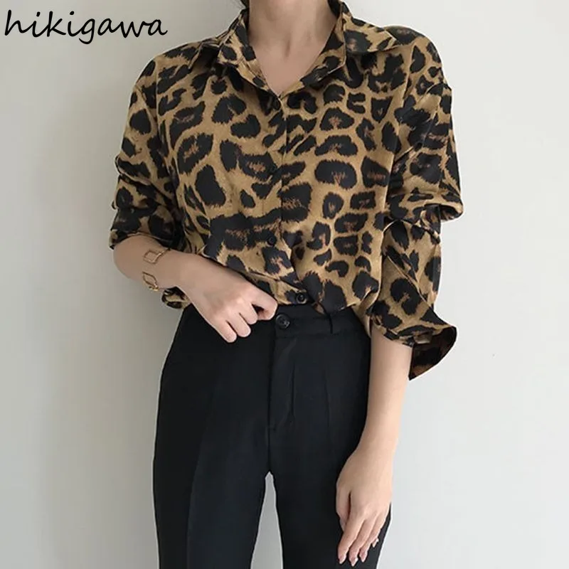 Retro Leopard Print Blouses Women Clothes Camisas De Mujer Long Sleeve Summer Korean Chic Shirts Casual Fashion Oversized Tops