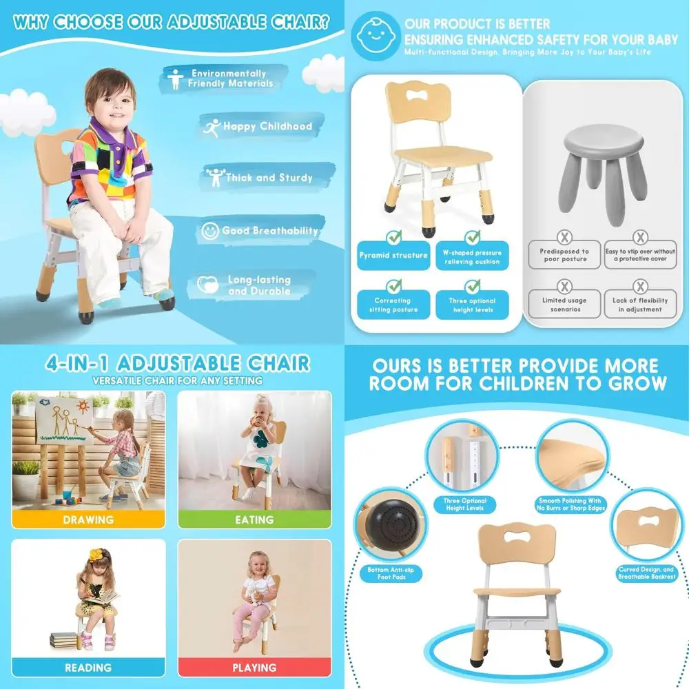 

Height-Adjustable Plastic Toddler Chair for Indoor/Outdoor Use, Supports Up to 220lbs, Suitable for Ages 1-6, Ideal for Home, Sc