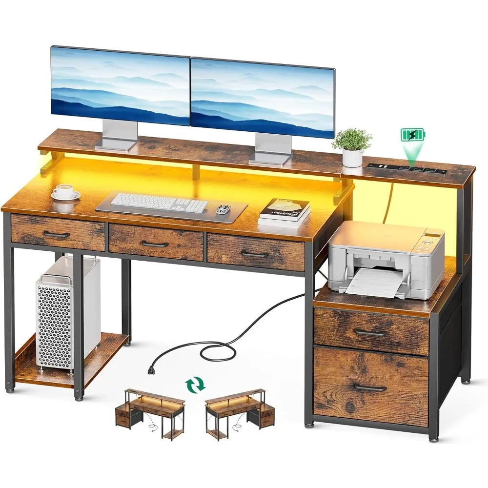 

55 Inch Computer Desk with 3 Drawers and File Cabinet for Storage, Office Desk with Monitor Stand and LED Lights, Home Office D