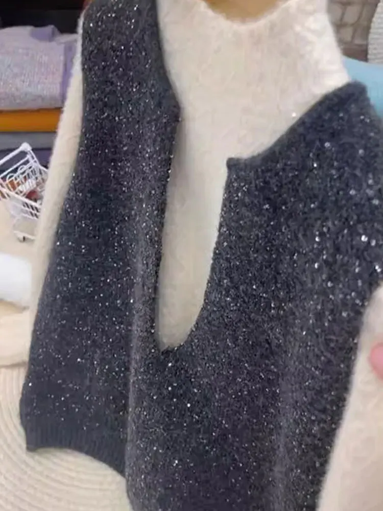 

Ele Color Camere Knitted Vest Svel Sequin Design Layering Top Korean Sle Straight Cut Commute Faion