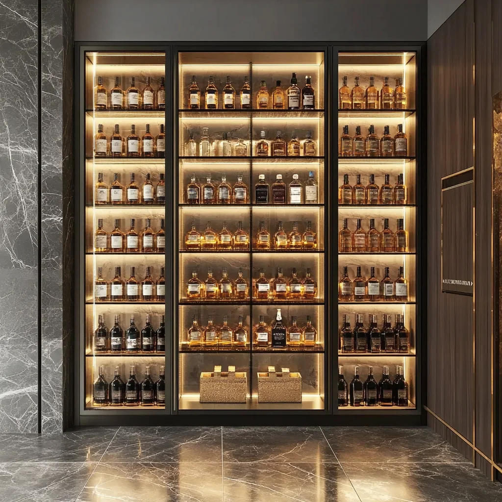 

Royal Metal Luxury Wine Cabinet Whiskey Display Wall LED Lighting Electric Dual Temperature Zone Battery Liquor